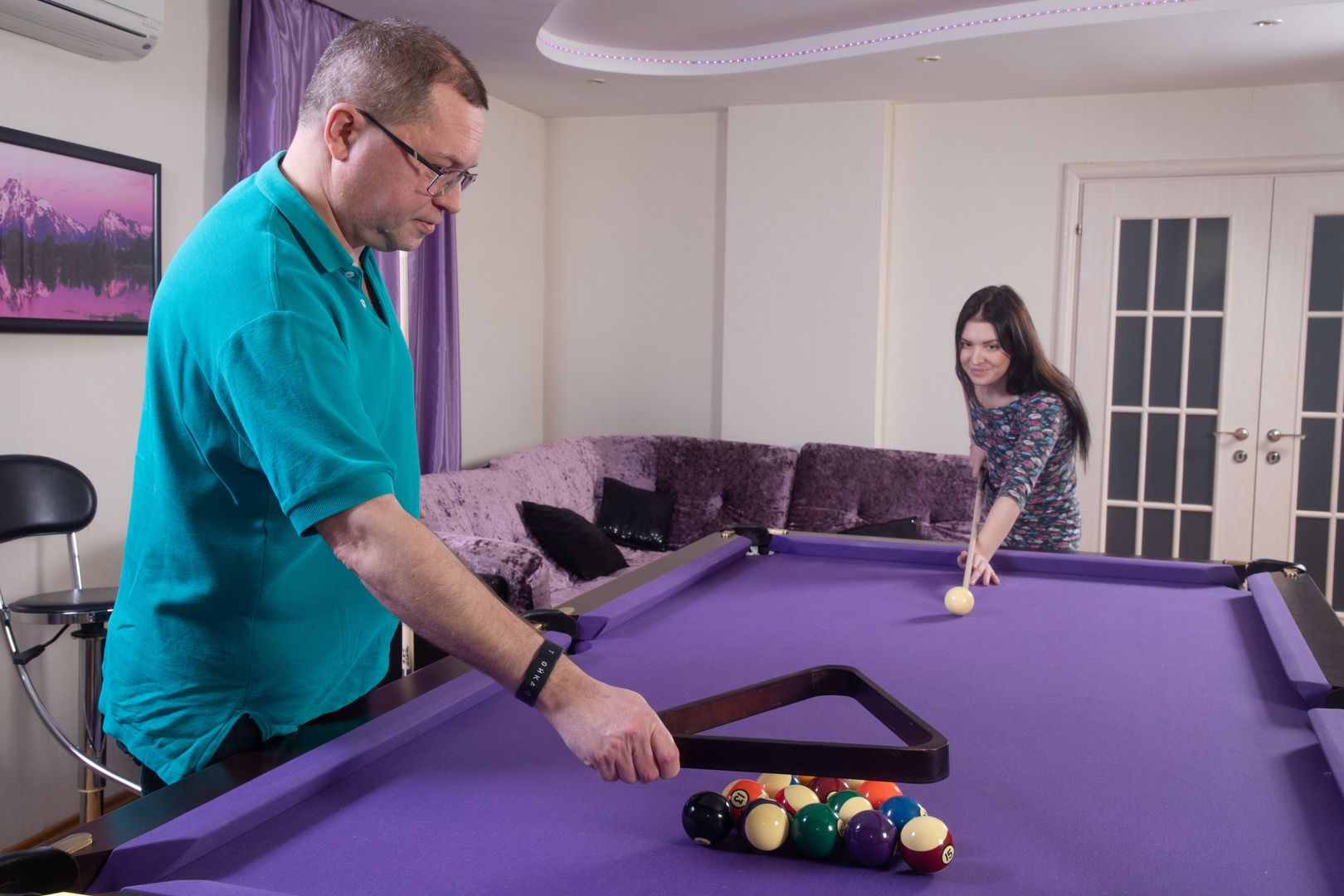 Experienced pool player pockets the balls and his hard dick