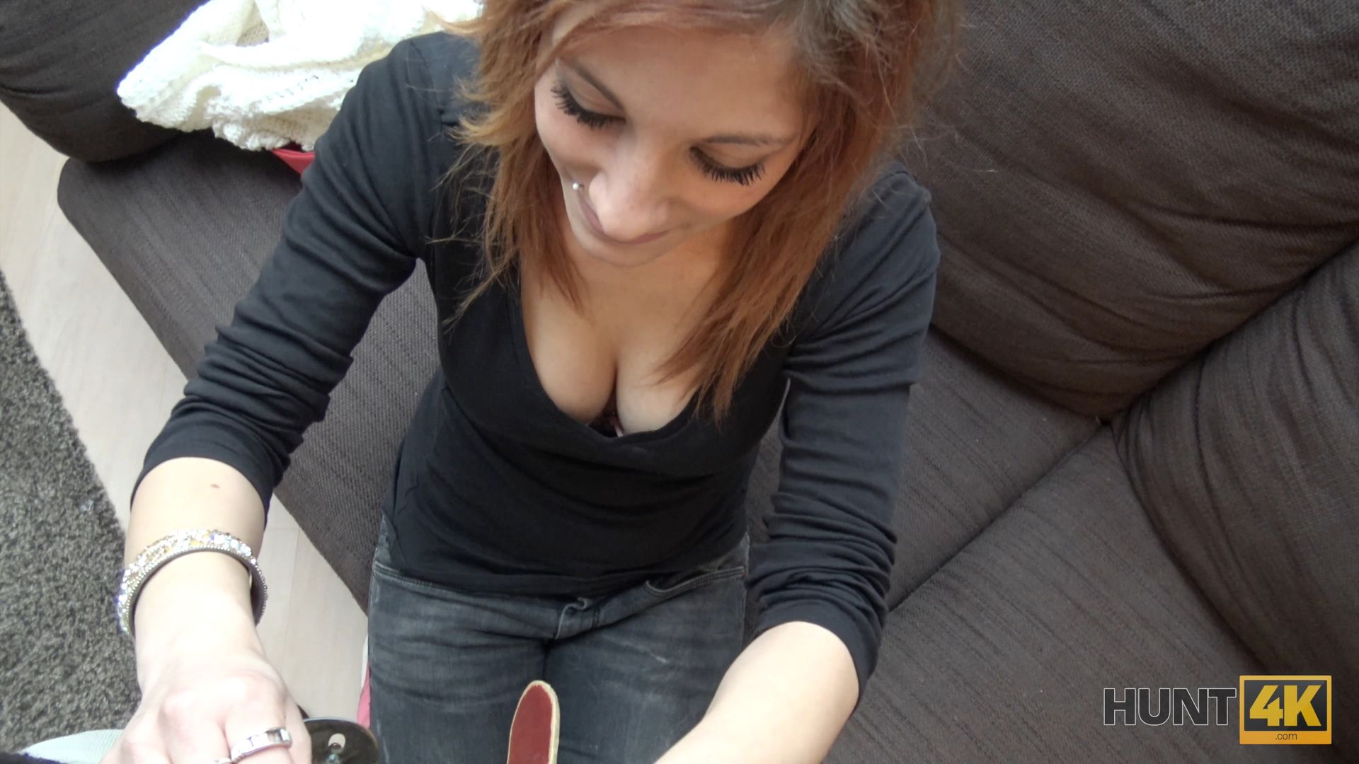 Red-haired girl likes sex for money in front of her boyfriend