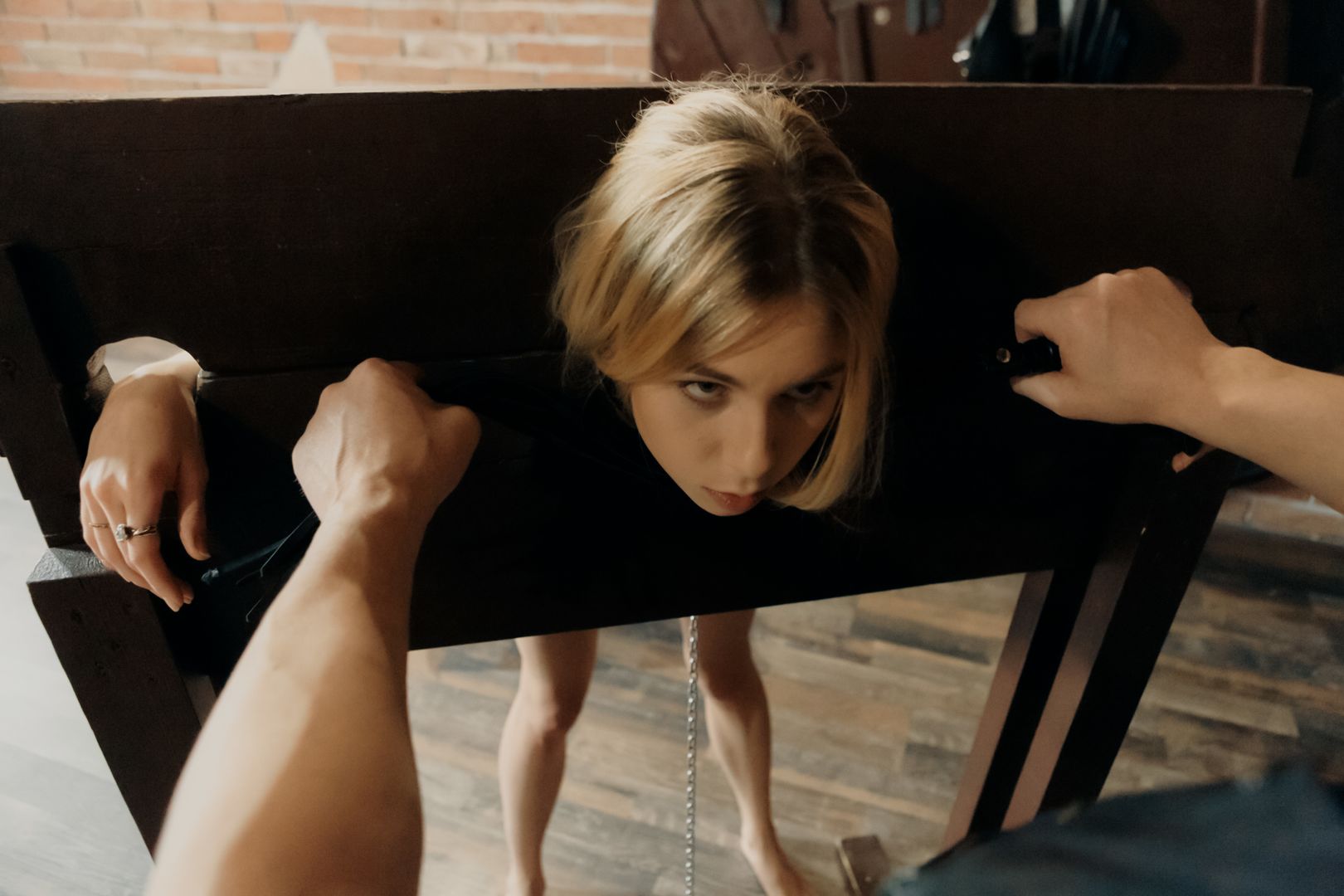 Sweet blonde goes down into the dungeon