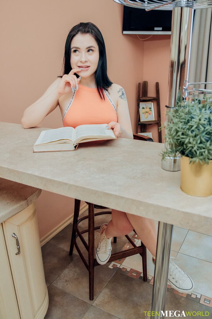 Solo orgasm in the kitchen