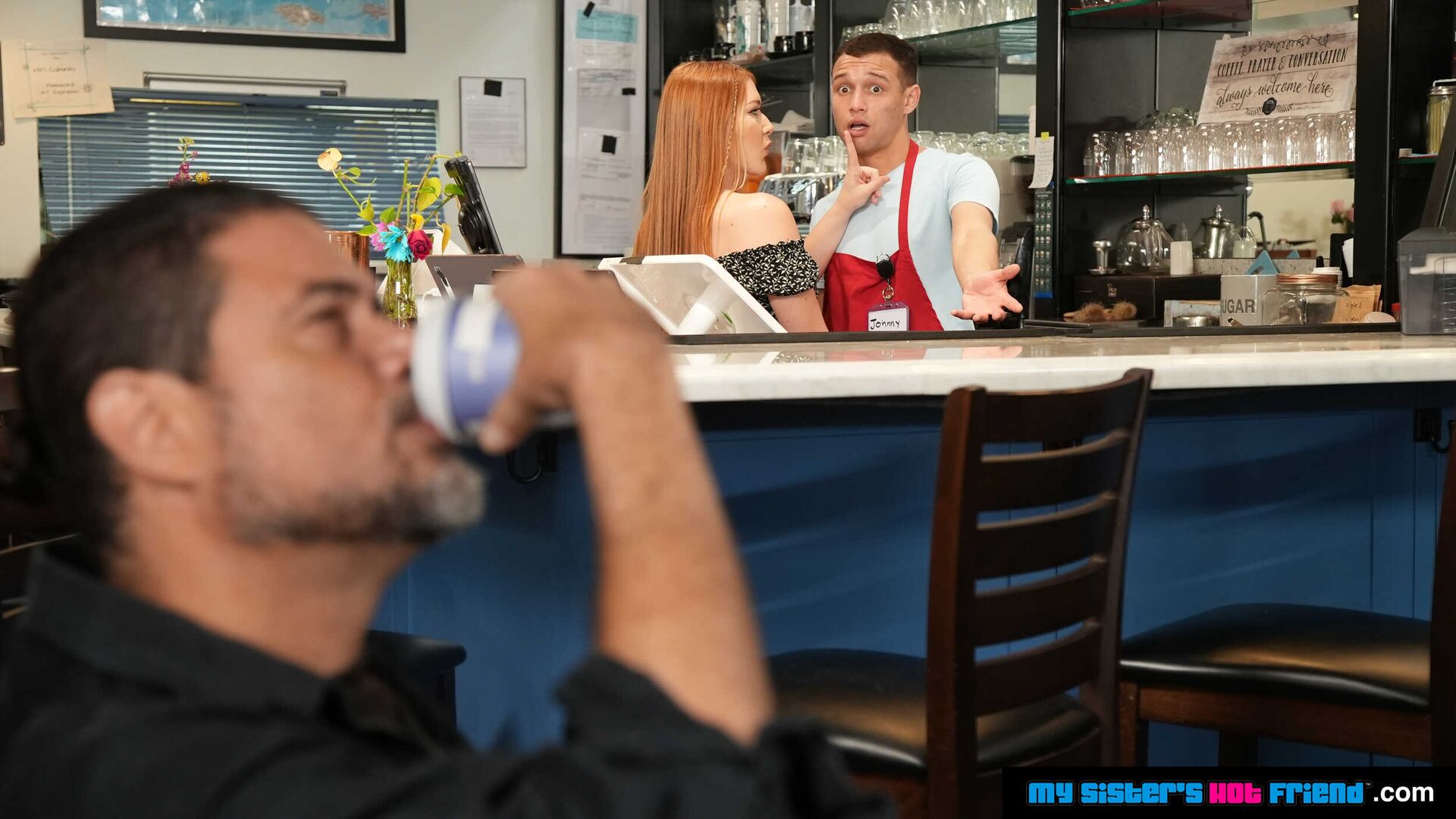 Busty redhead, Harper Red, is so wet and horny that she must get dick in the café this instant