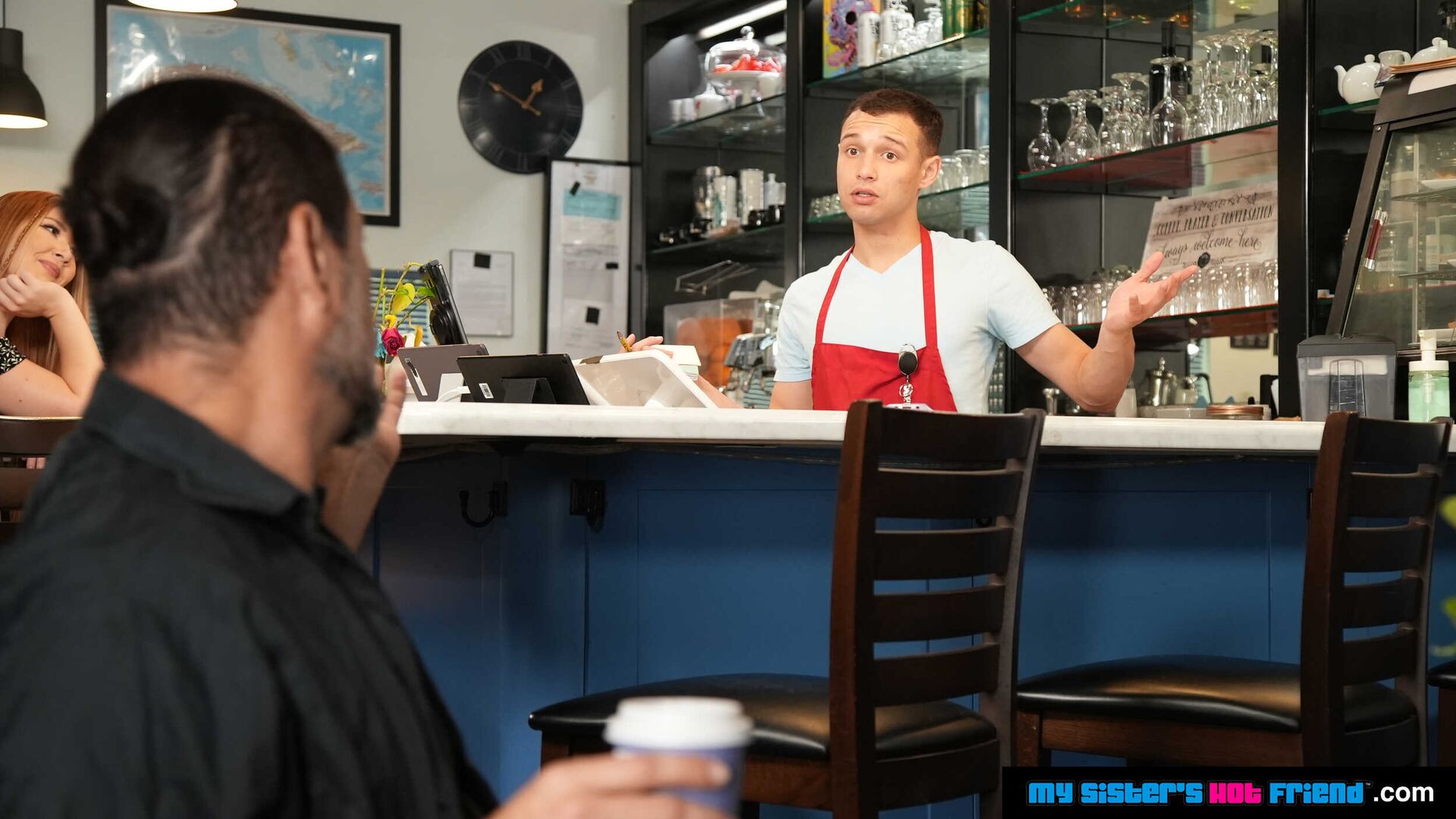Busty redhead, Harper Red, is so wet and horny that she must get dick in the café this instant