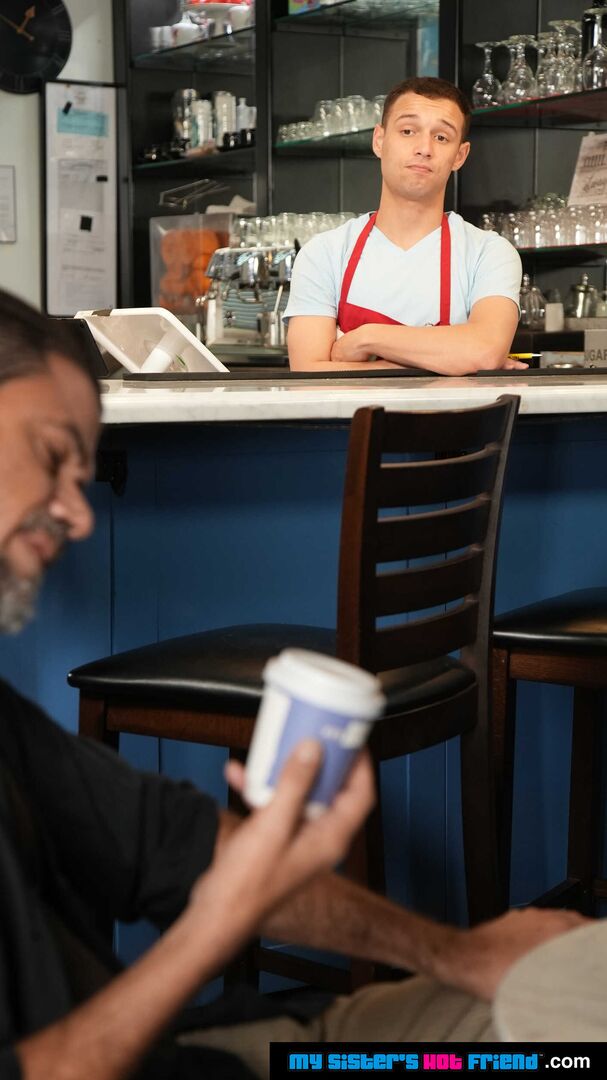 Busty redhead, Harper Red, is so wet and horny that she must get dick in the café this instant