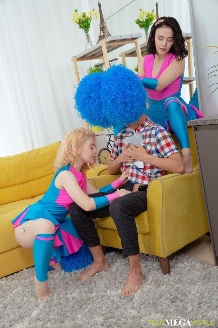 Nerd satisfies two cheerleaders