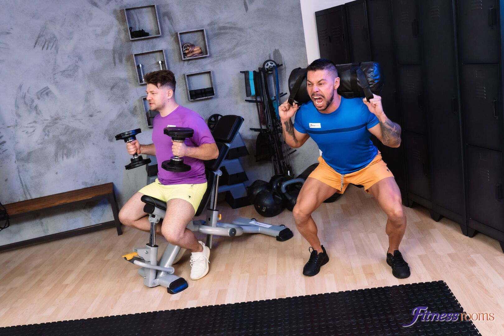Hardcore big dick threesome in gym