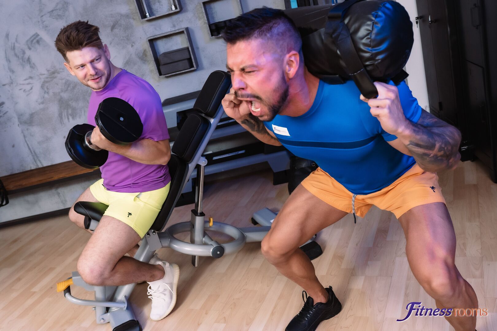 Hardcore big dick threesome in gym