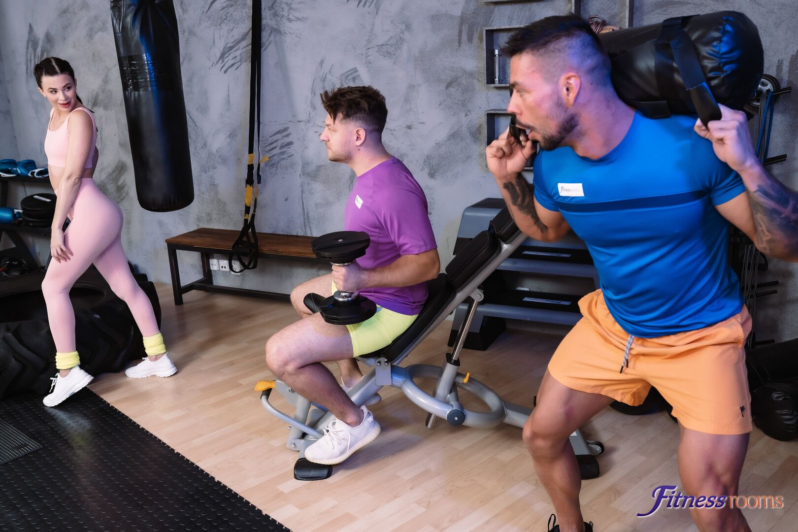 Hardcore big dick threesome in gym