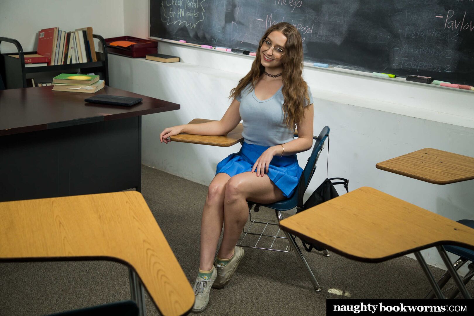Cute college girl, Laney Grey, sure is naughty in class when she shoves a fat cock in her hairy pussy