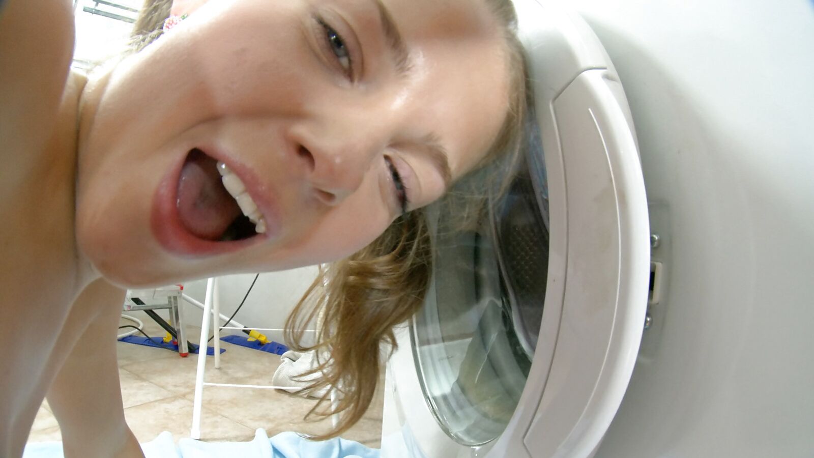 Teen in Socks Secretly Masturbates in Laundry Room
